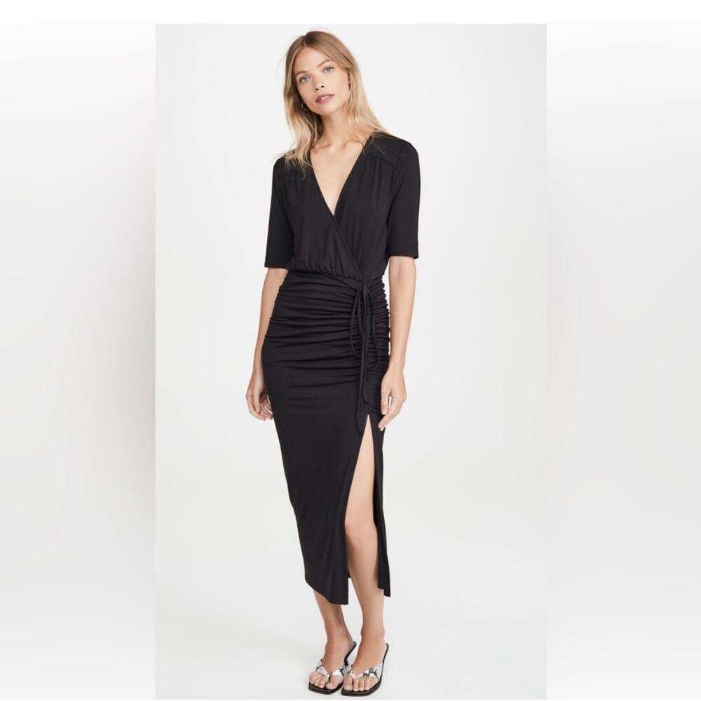 Veronica Beard Black Ruched Wrap Midi Dress M Side Slit Stretch Elegant
